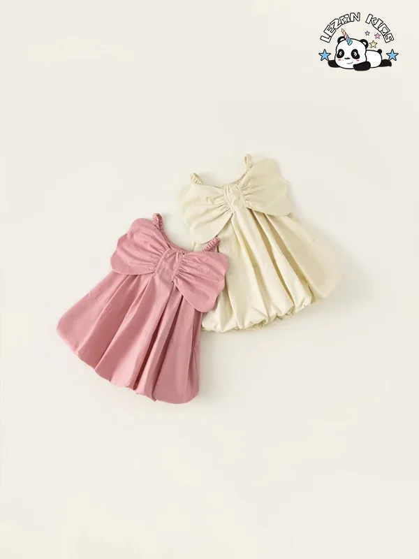 LEZONKIDS - New Product Idear Sweet Big Bow Wing Spaghetti Strap Customized Flower Kids Dresses for Girls